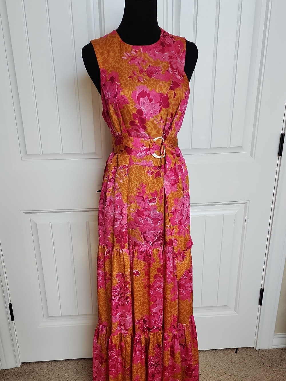 Ted Baker Pink & Mustard Floral Sleeveless Maxi Dress with Belt